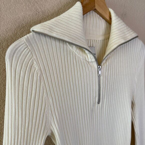 Maeve Fitted Half Zip Ribbed Sweater Top Womens Medium Ivory Office Work Casual - Picture 2 of 9